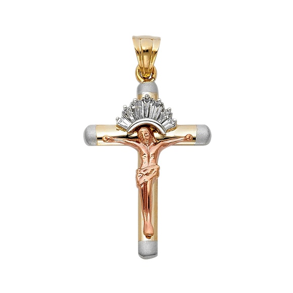 14K Tri Color CZ Religious Crucifix Pendant